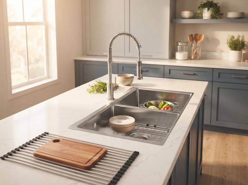 Undermount joint on quartz next to a topmount rim on laminate