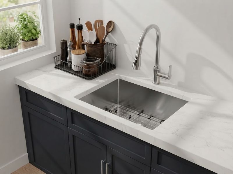 Close view of a thick stainless sink wall with a cast-iron pan in the basin