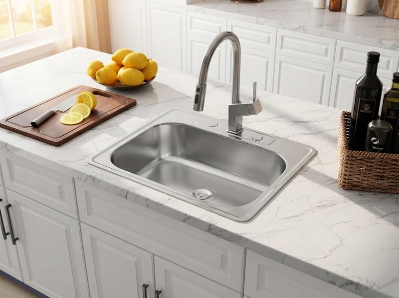 Sloped stainless basin floor draining toward the centre strainer