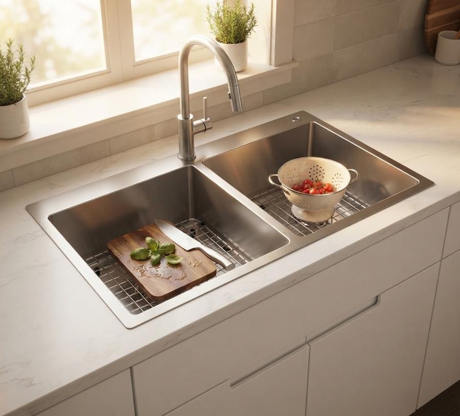 Double-bowl topmount sink with a bottom grid in place