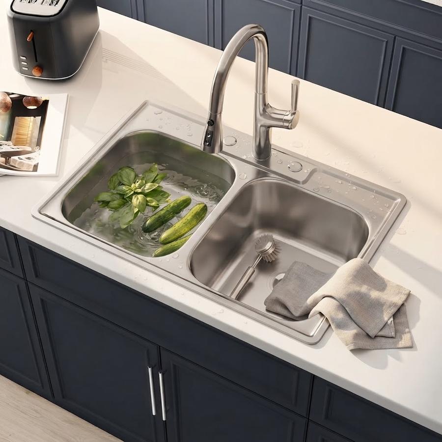 Double-bowl drop-in sink set in a light quartz counter