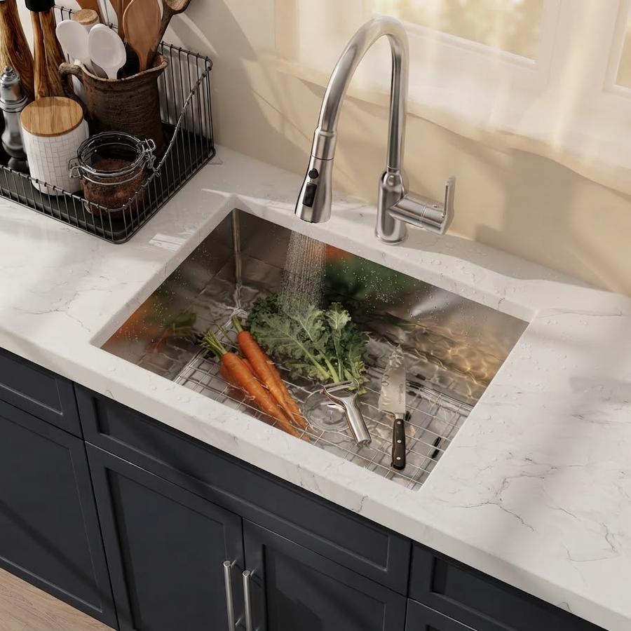 Undermount single bowl under a stone counter edge